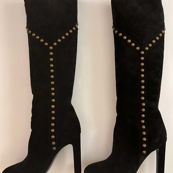 SAINT LAURENT SUEDE STUDDED KNEE-HIGH BOOTS SIZE 6.5 US - Picture 2 of 8